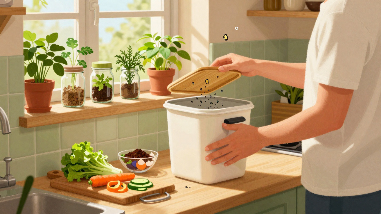 Person adding food scraps to kitchen compost bin on a wooden countertop near fresh vegetables and potted plants.
