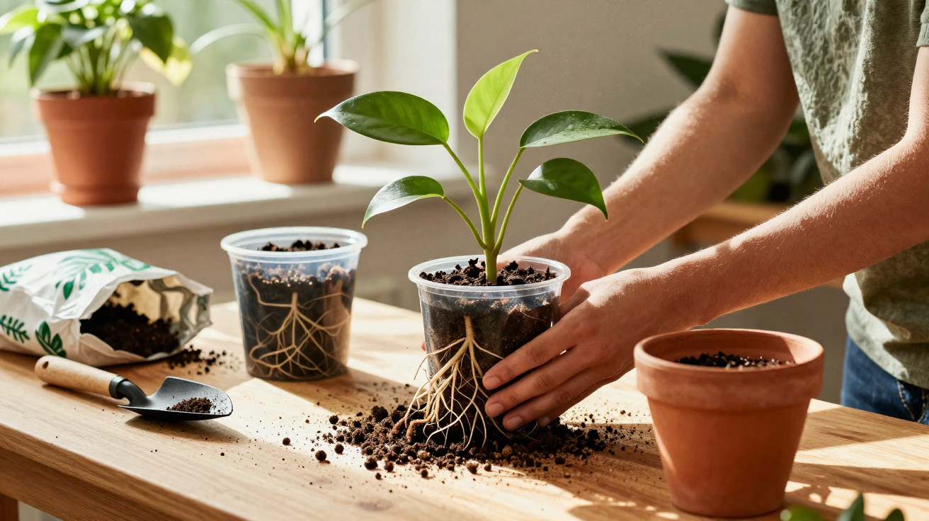Person transplanting a green seedling from a clear plastic pot to a terracotta pot on a wooden table.