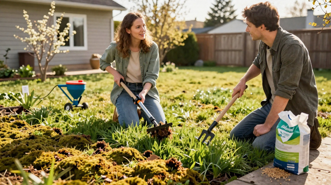 A man and woman kneeling in a garden, using gardening tools and smiling at each other on a sunny day.