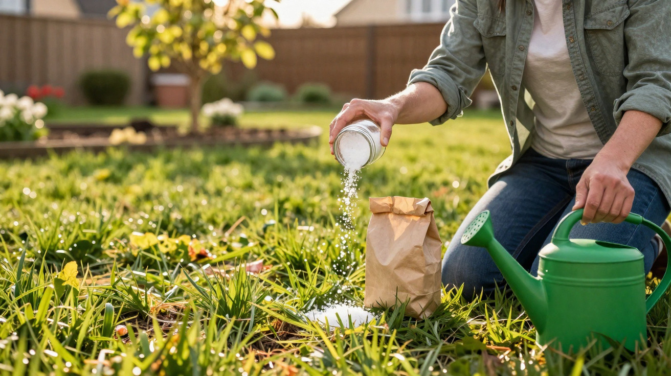 Person sprinkling white fertilizer or salt on grass in sunny backyard with green watering can nearby