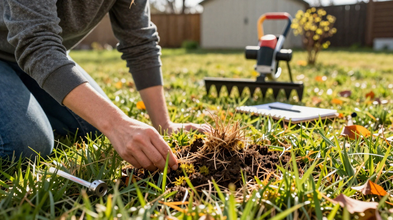 Person weeding grass and soil in a garden with gardening tools and a clipboard in the background.