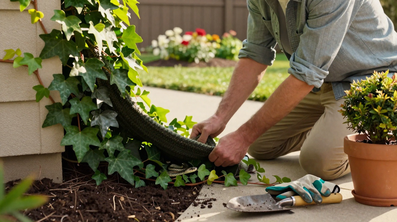 Person removing a large snake from a garden corner covered with ivy near a flower pot and gardening tools.