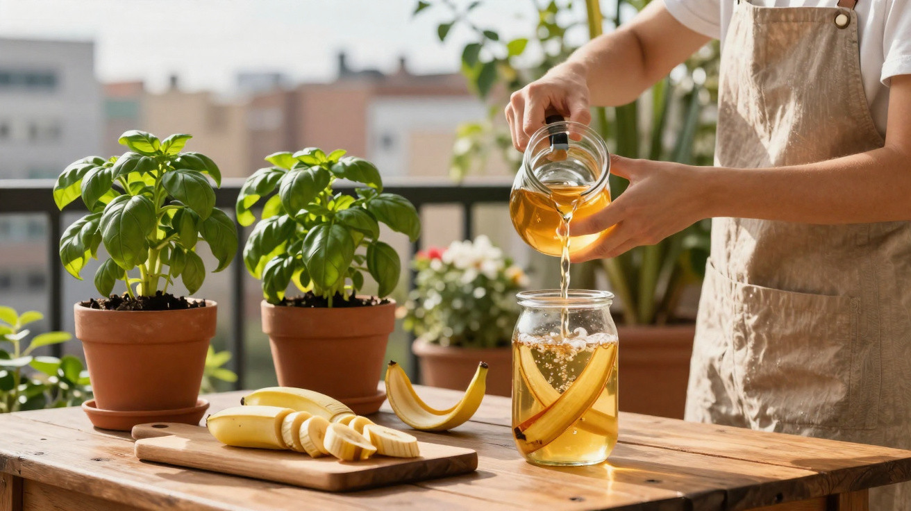 Person pouring tea into jar with cinnamon stick on wooden table with sliced bananas and basil plants outdoors