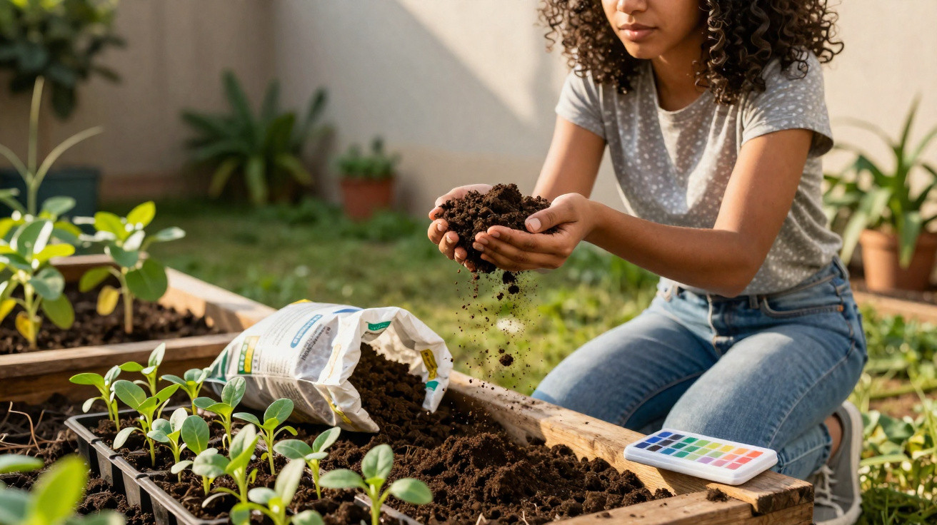 Woman kneeling in garden holding soil above raised bed with seedlings and gardening supplies nearby.