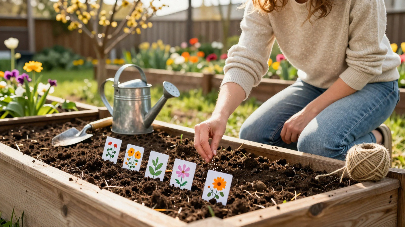 Person planting seeds in a raised garden bed with illustrated plant markers and gardening tools nearby.