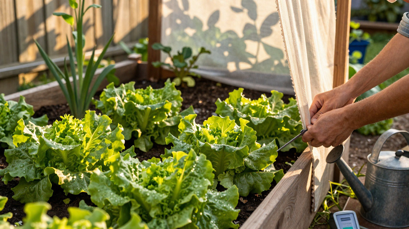 Hands lifting a protective cover from a raised bed of lush green lettuce in a sunlit garden.