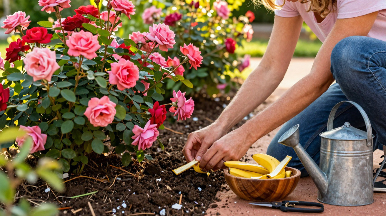 Person planting flower bulbs in soil beside pink and red rose bushes, with watering can and gardening tools nearby.
