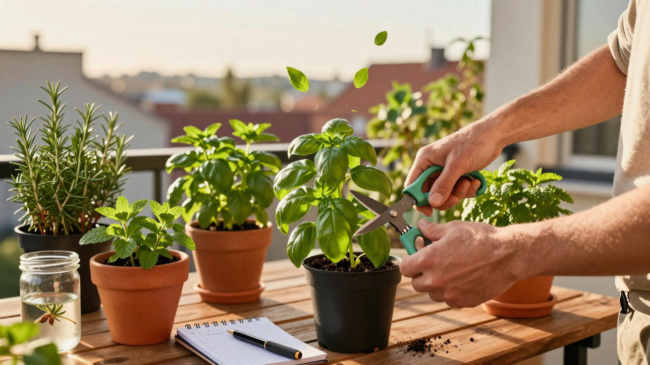 Hands using pruning shears to trim basil plant on a balcony with herbs and a notebook on a wooden table.