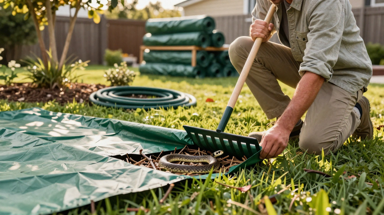 Person using a garden rake to reveal a coiled snake underneath a green tarp on grass in a backyard.