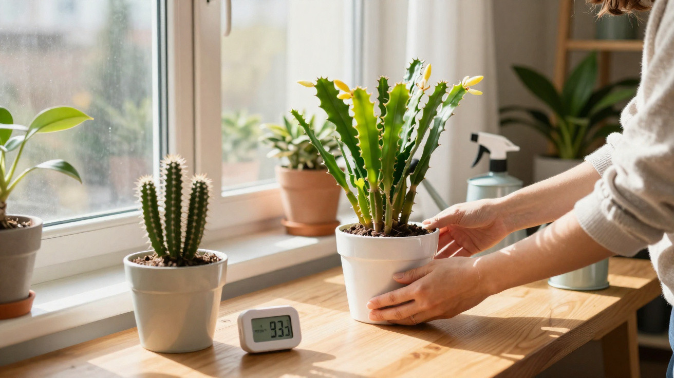 Person arranging potted plants on a wooden windowsill with a digital clock showing 9:33.