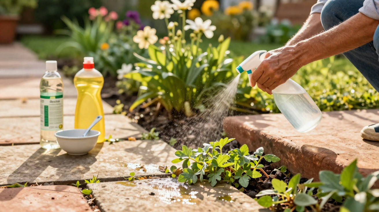 Person spraying plants with liquid from a spray bottle in a garden with flowers in the background.