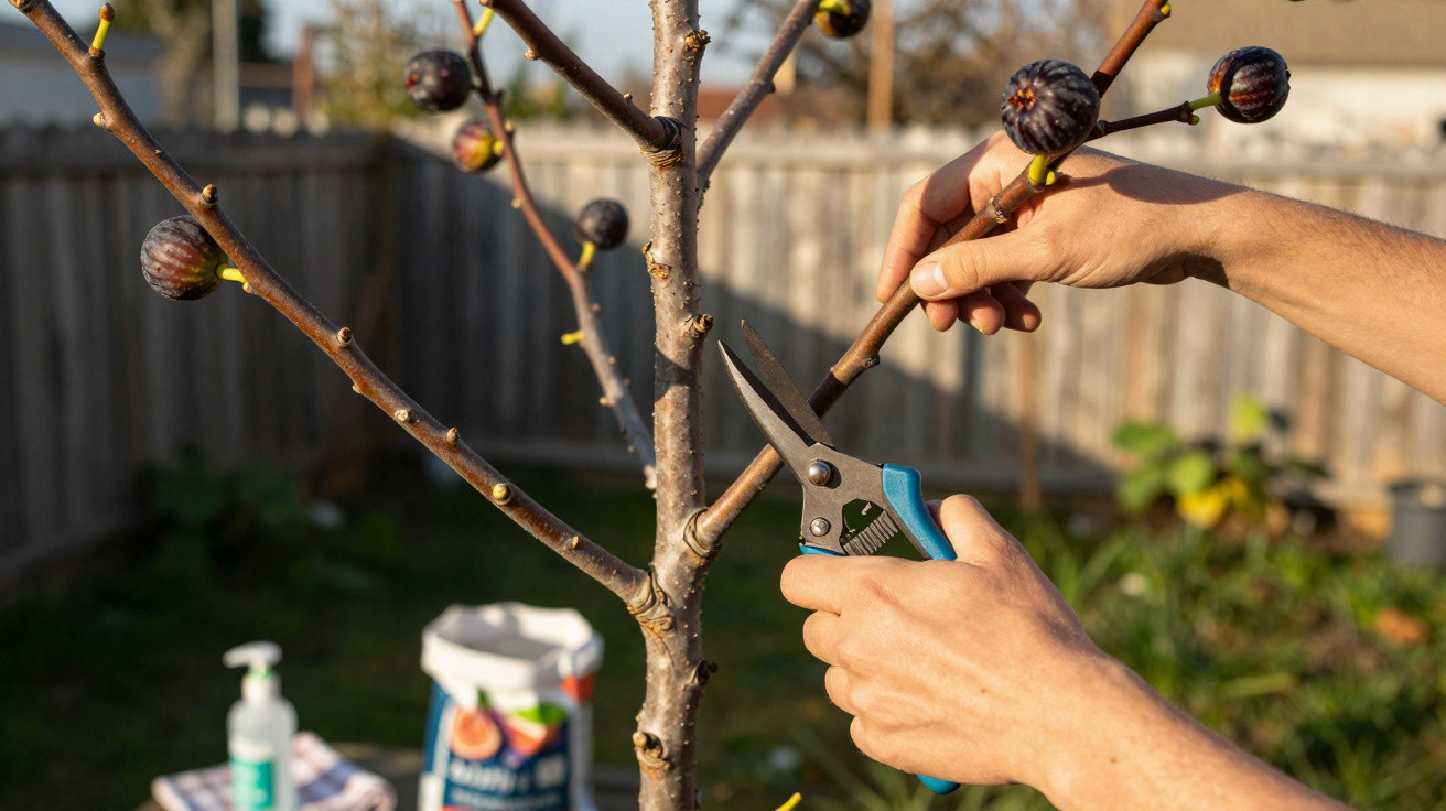 Person pruning a fig tree branch with gardening shears in a backyard garden.