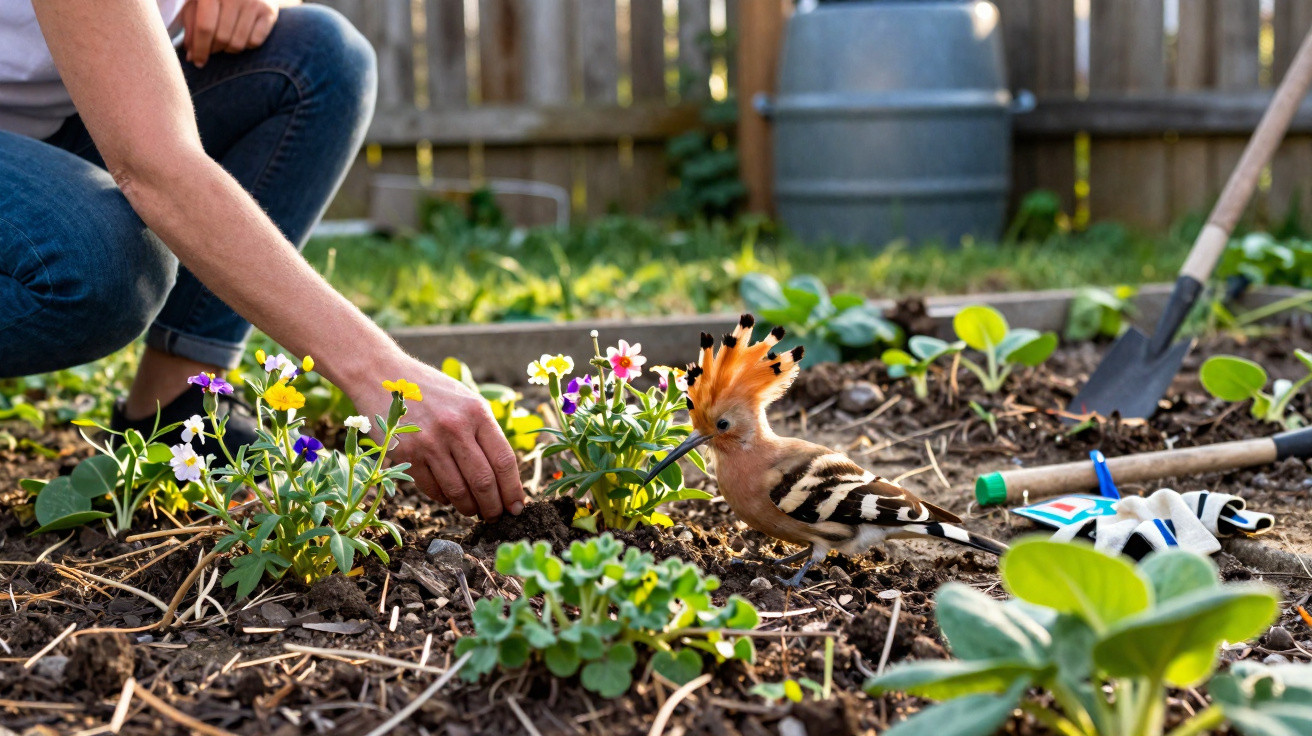Person gardening with colourful flowers while a hoopoe bird stands nearby in a backyard garden.