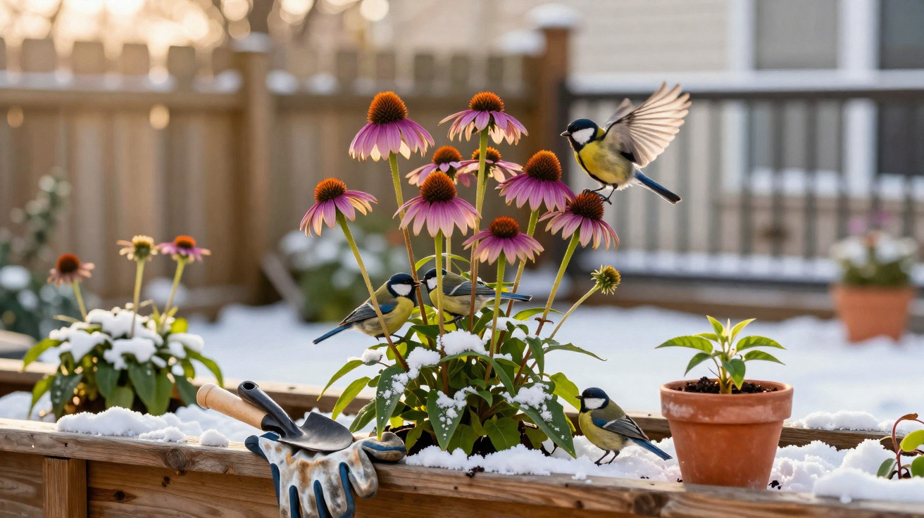 Small birds around purple coneflowers and garden gloves on a snowy raised wooden garden bed in a backyard.