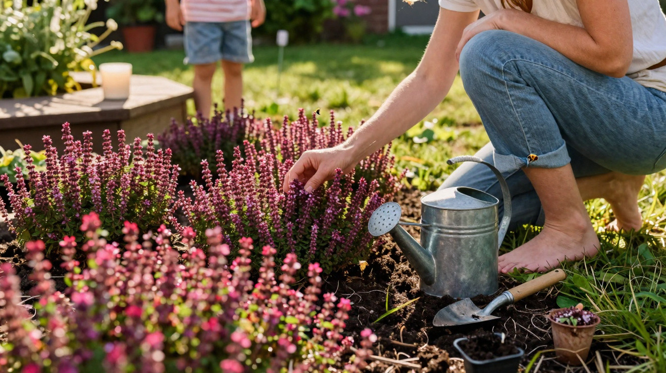 Woman gardening purple flowering plants with watering can and child standing in background on sunny day
