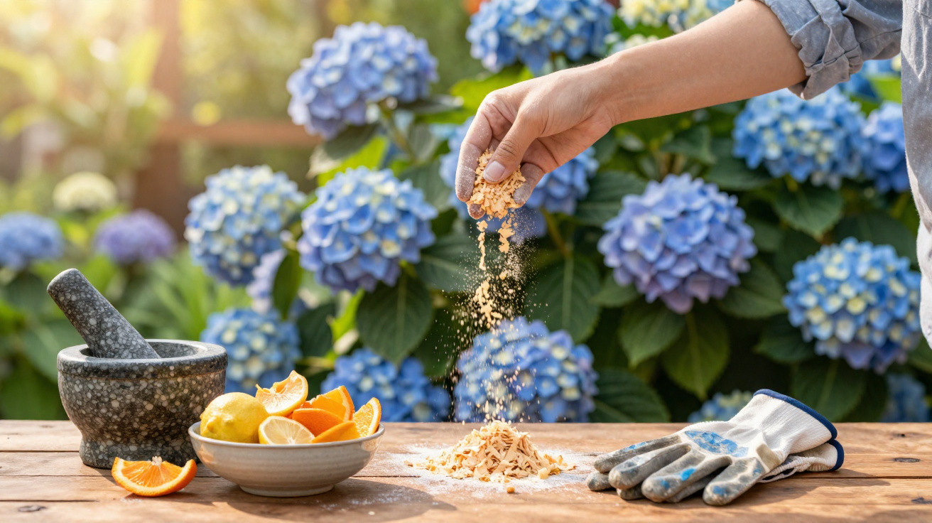Hand sprinkling crushed eggshells on wooden table with gardening gloves, citrus fruit, and blue hydrangeas in background