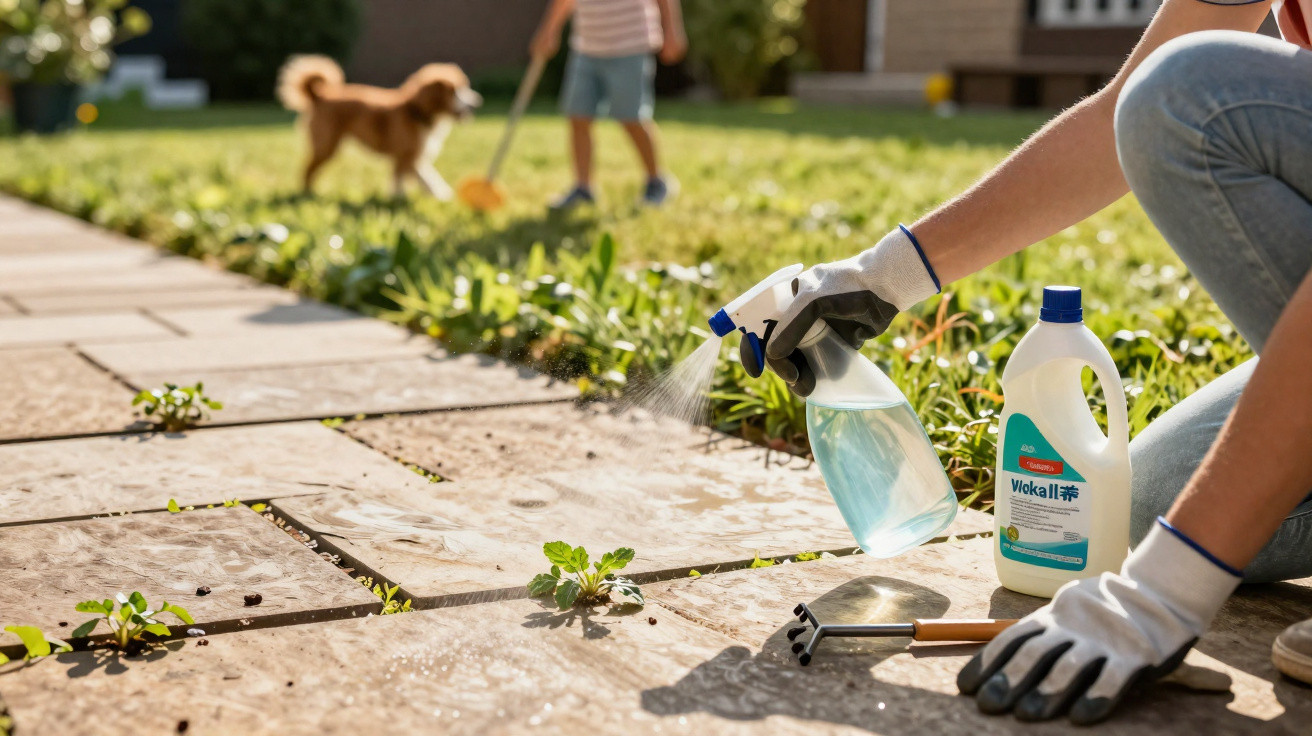 Person spraying weed killer on paving stones with garden tools, dog and child playing in background.