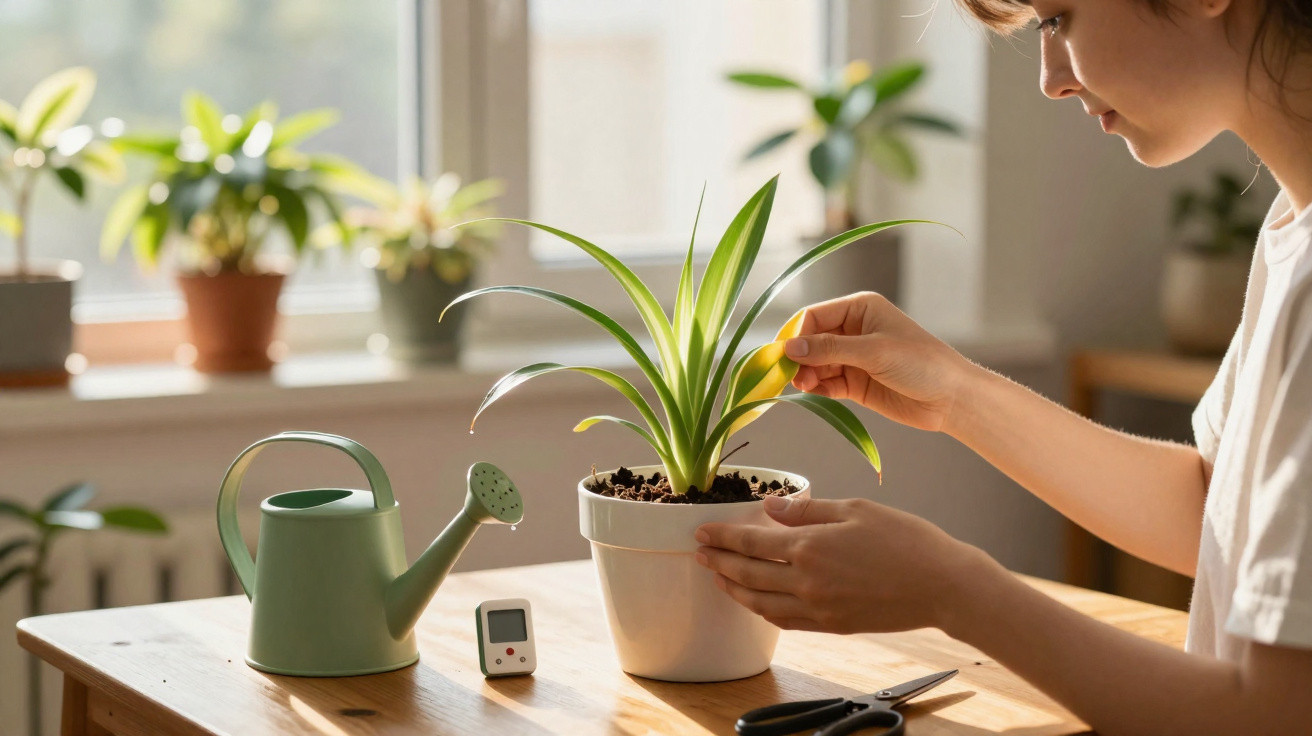 Person removing a yellow leaf from a potted plant on a table with a green watering can and scissors nearby.