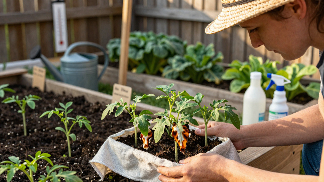 Person inspecting wilted tomato seedlings in a raised garden bed inside a greenhouse.