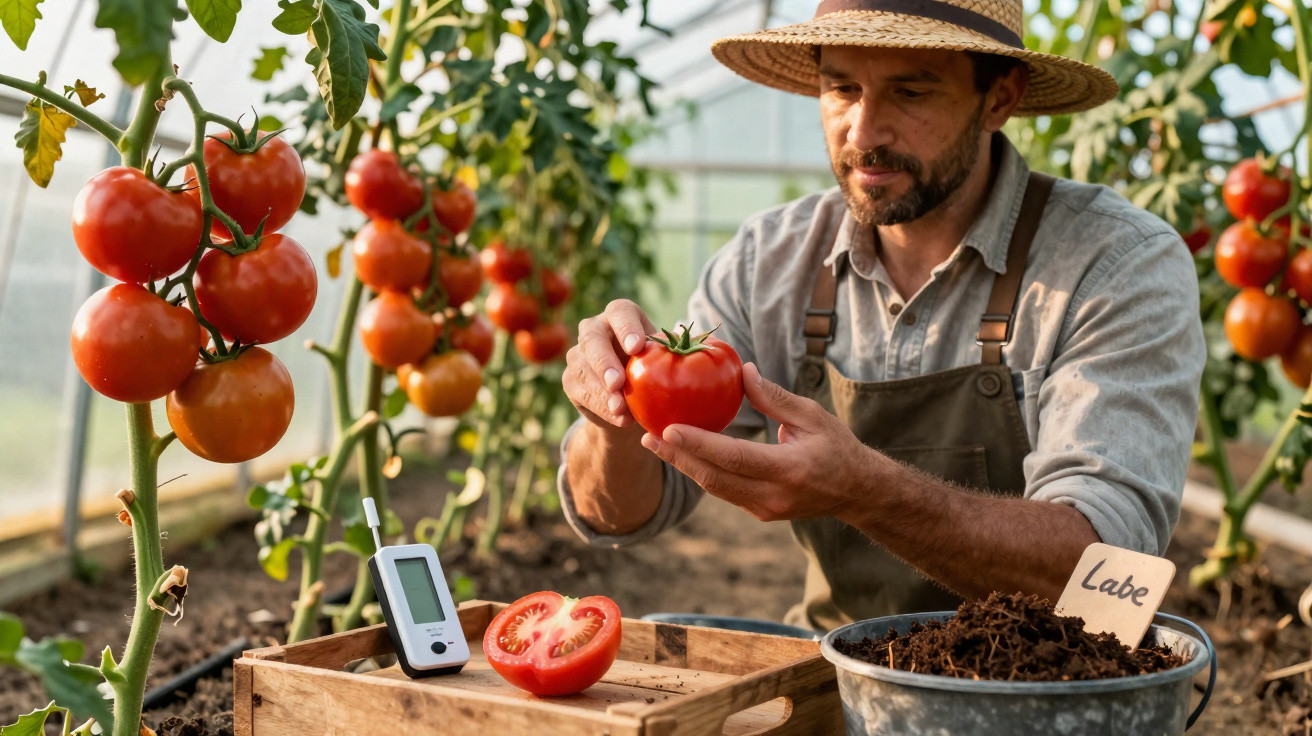 Man in a hat inspecting ripe tomatoes growing in a greenhouse with gardening tools nearby.