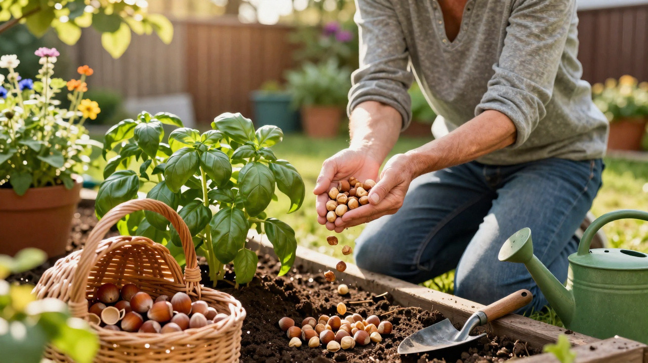 Person sowing seeds in a garden bed with a basket of nuts, trowel, watering can, and basil plant nearby.