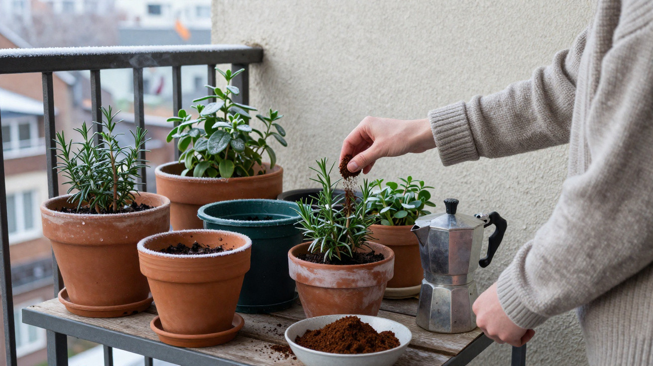 Person fertilising potted plants with soil on a balcony table alongside a coffee maker and bowl of soil.