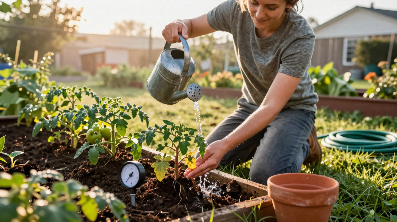 Person watering tomato plants in a raised garden bed on a sunny day with a watering can.