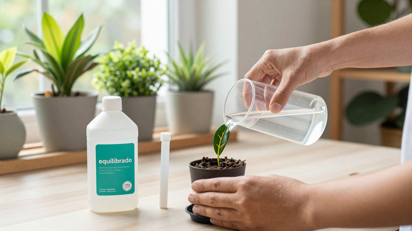 Person watering a small potted plant on a wooden table with other potted plants in the background.