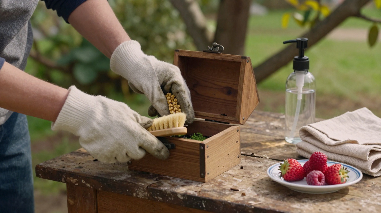 Person wearing gloves cleaning a wooden box with a brush on a weathered outdoor table with fruit nearby.