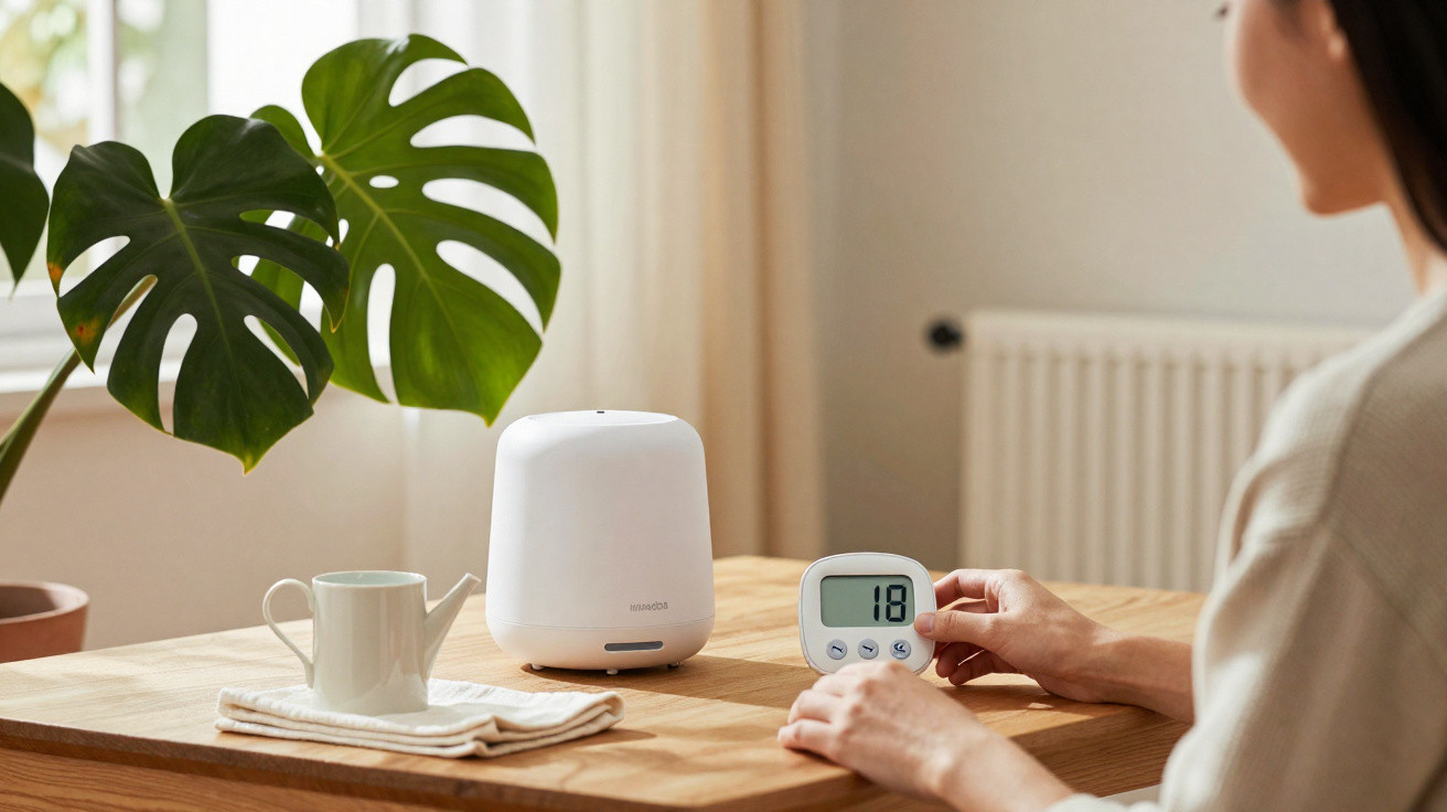 Person adjusting a digital timer displaying 18 minutes next to a white humidifier and houseplant indoors.