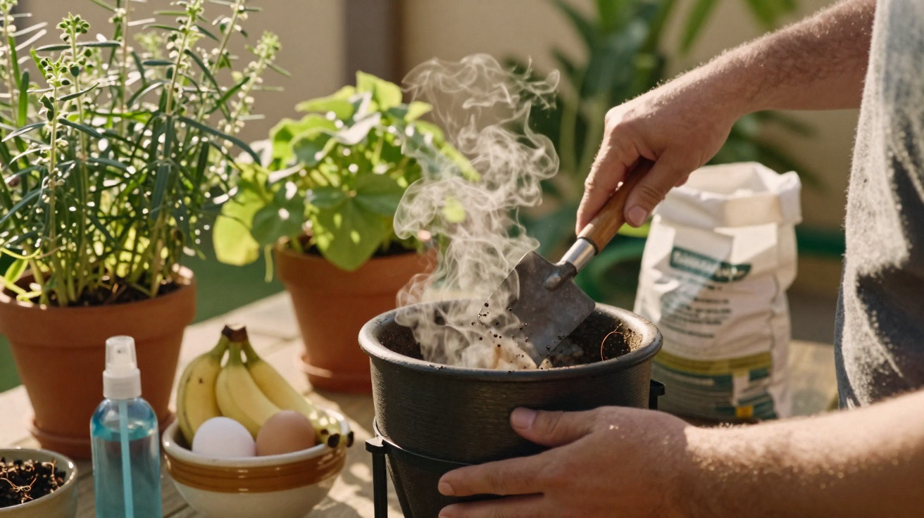 Person gardening with a small spade in a pot releasing steam, surrounded by plants and gardening supplies.