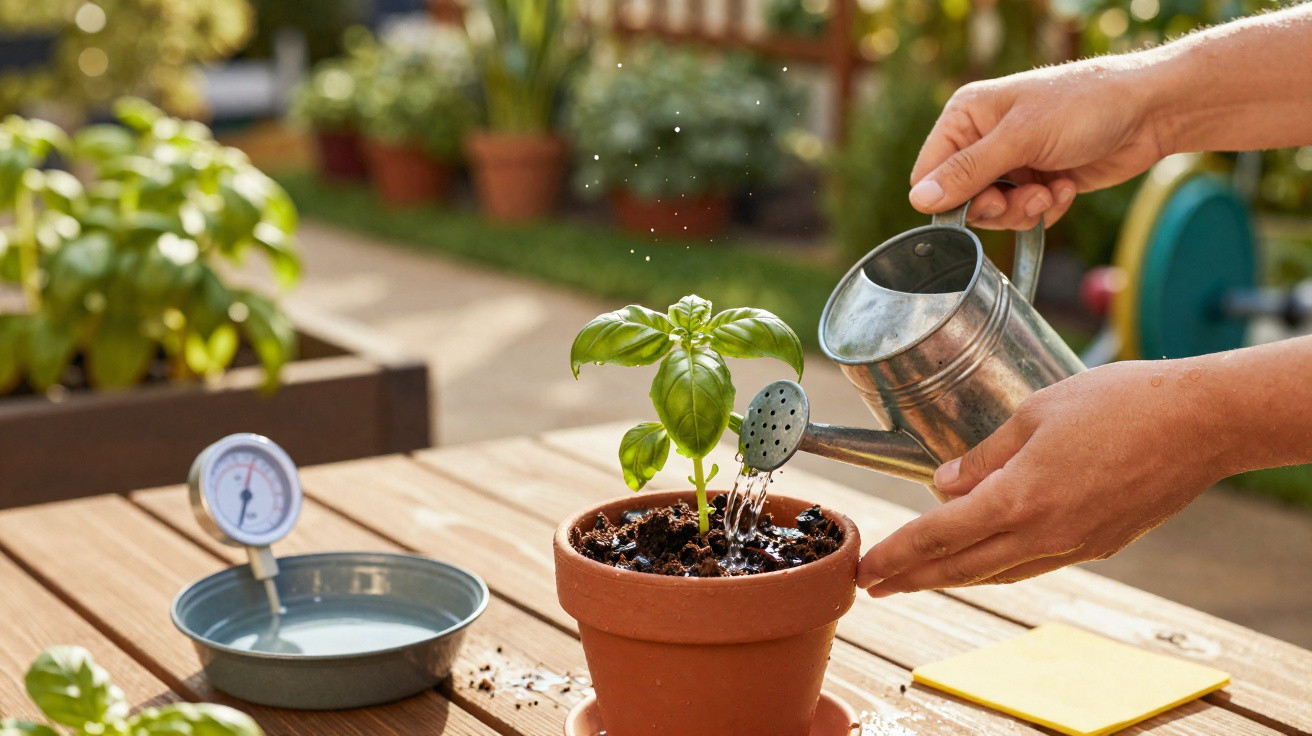 Hands watering a small basil plant in a terracotta pot on a wooden garden table outdoors.