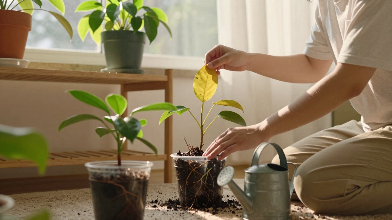 Person tending to indoor potted plants, removing a yellow leaf, with watering can nearby on the floor.