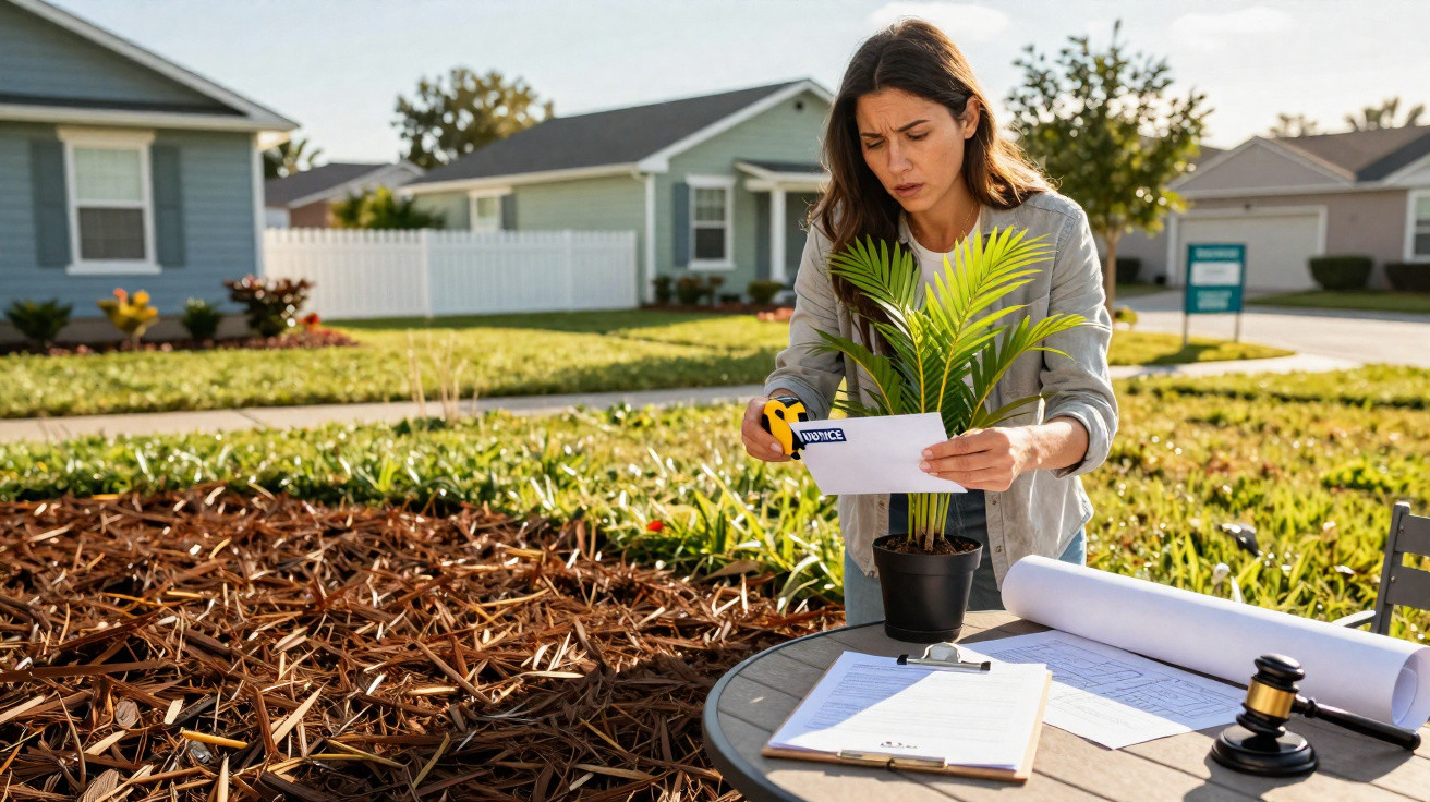 Woman holding eviction notice near potted plant outside house with legal documents and gavel on table.