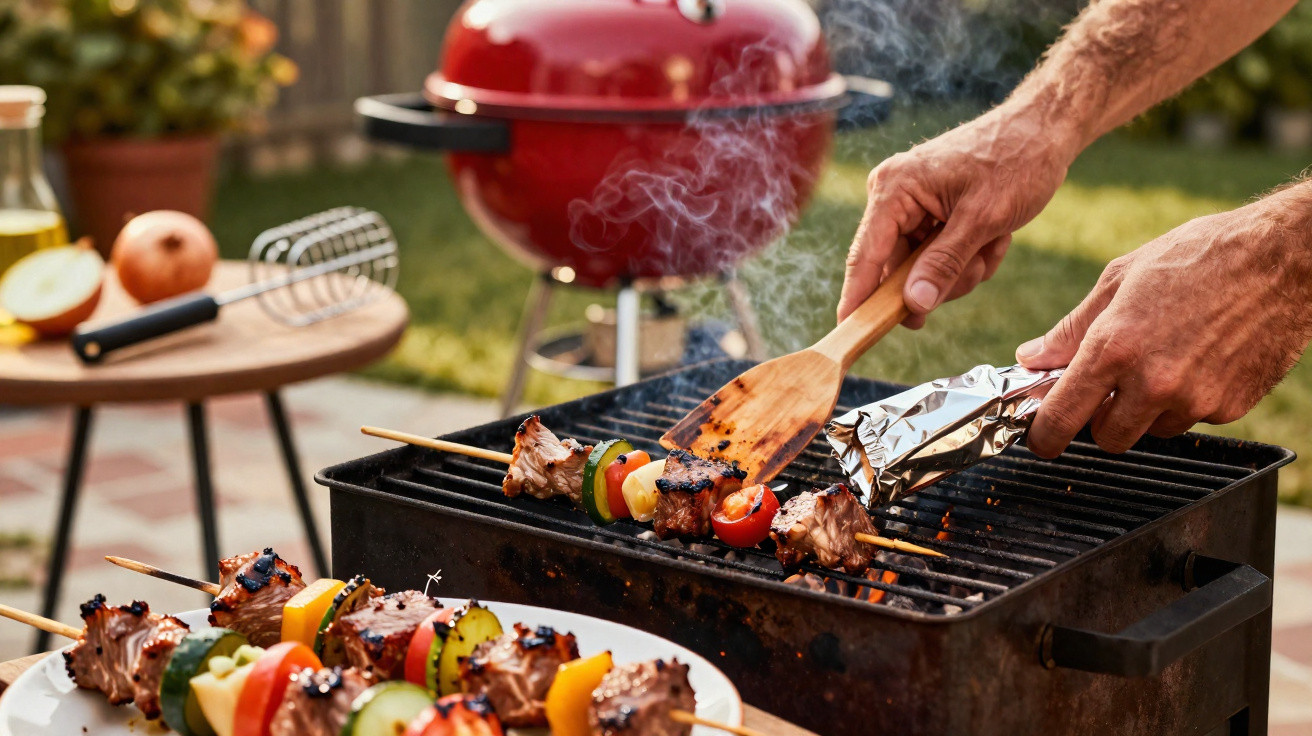Hands grilling meat and vegetable skewers on a barbecue outdoors with a red kettle grill and table in the background