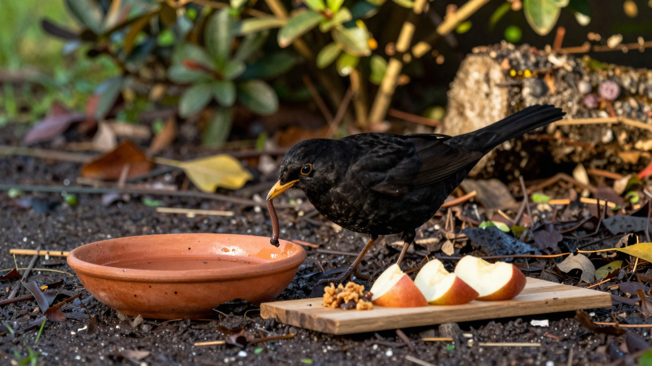 Blackbird pulling a worm from a shallow terracotta bowl near sliced apples and nuts on a wooden board outdoors.