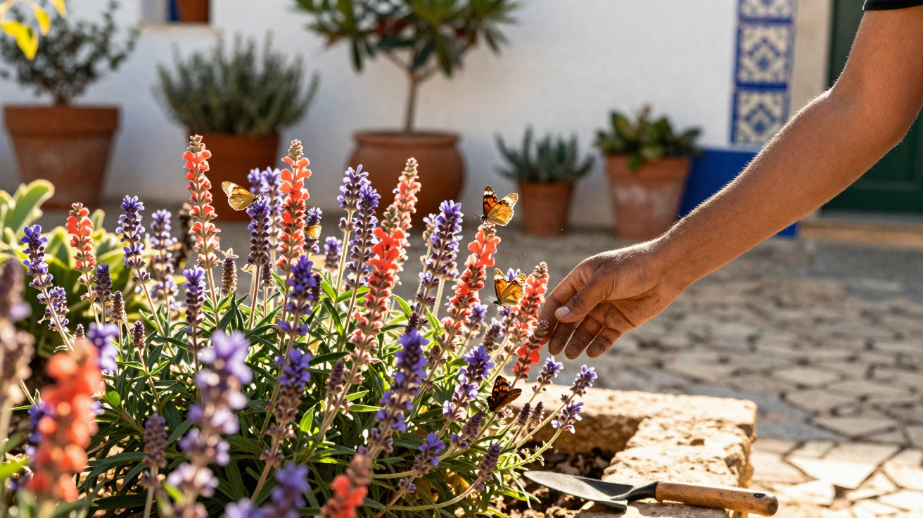 Hand reaching towards colourful lavender flowers with butterflies and potted plants in the background.