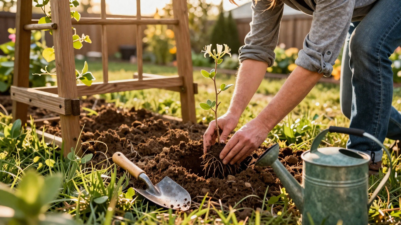 Person planting young plant in soil with spade and watering can nearby in garden at sunset.