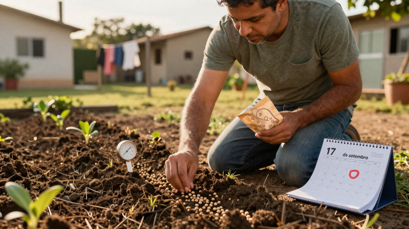 Man planting seeds in garden soil next to a calendar marked 17 September and a soil moisture gauge