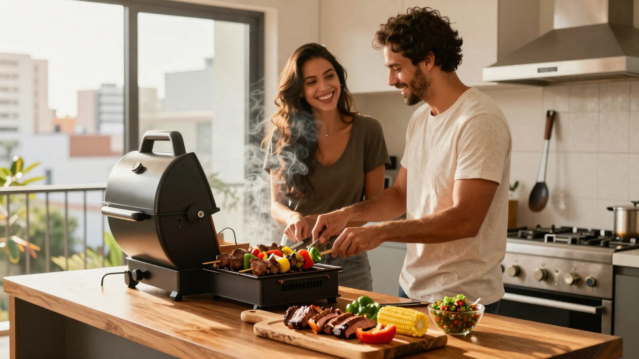 Couple smiling and cooking vegetable and meat skewers on a grill in a modern kitchen with wooden island.