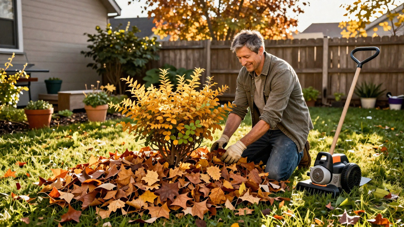 Middle-aged man kneeling in garden, collecting autumn leaves around a small bush on a sunny day.