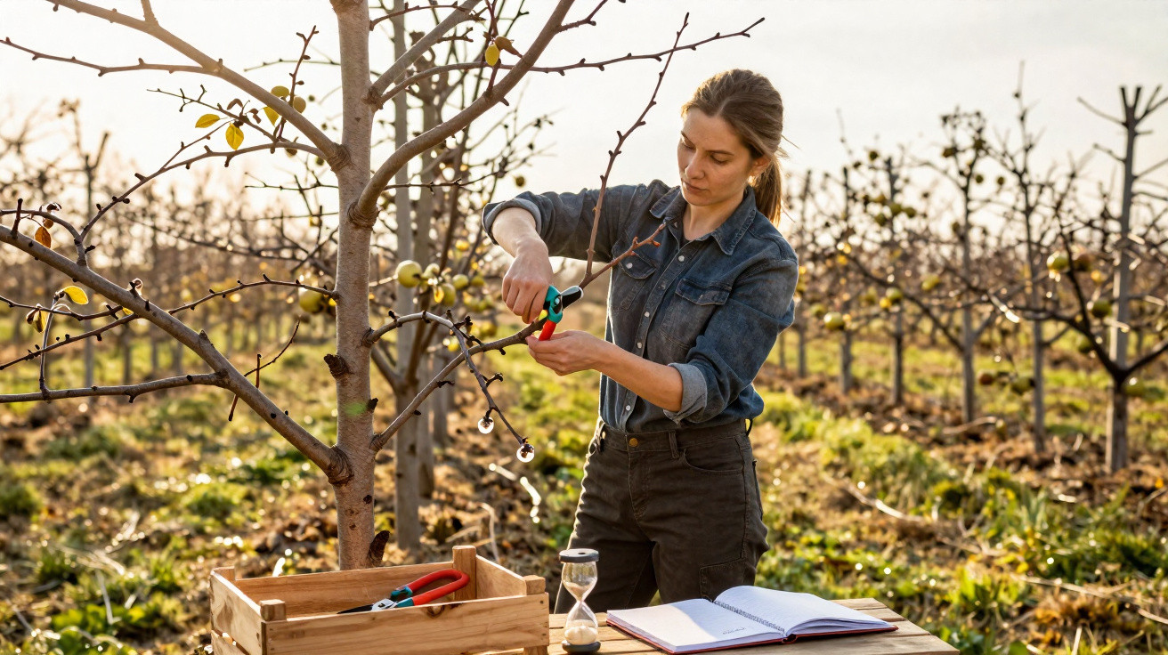 Woman pruning branches of young fruit tree in orchard with tools and notebook on table nearby