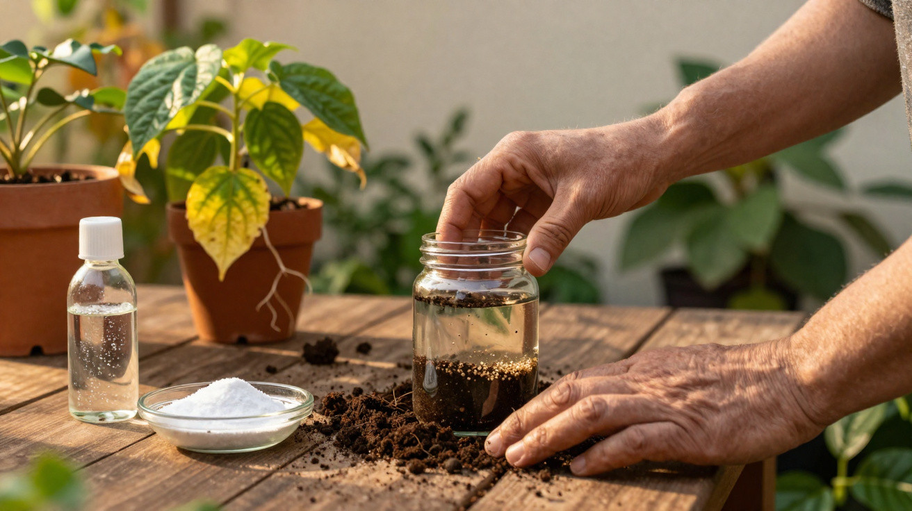 Hands preparing a jar with soil and water on a wooden table with plants and gardening supplies nearby.