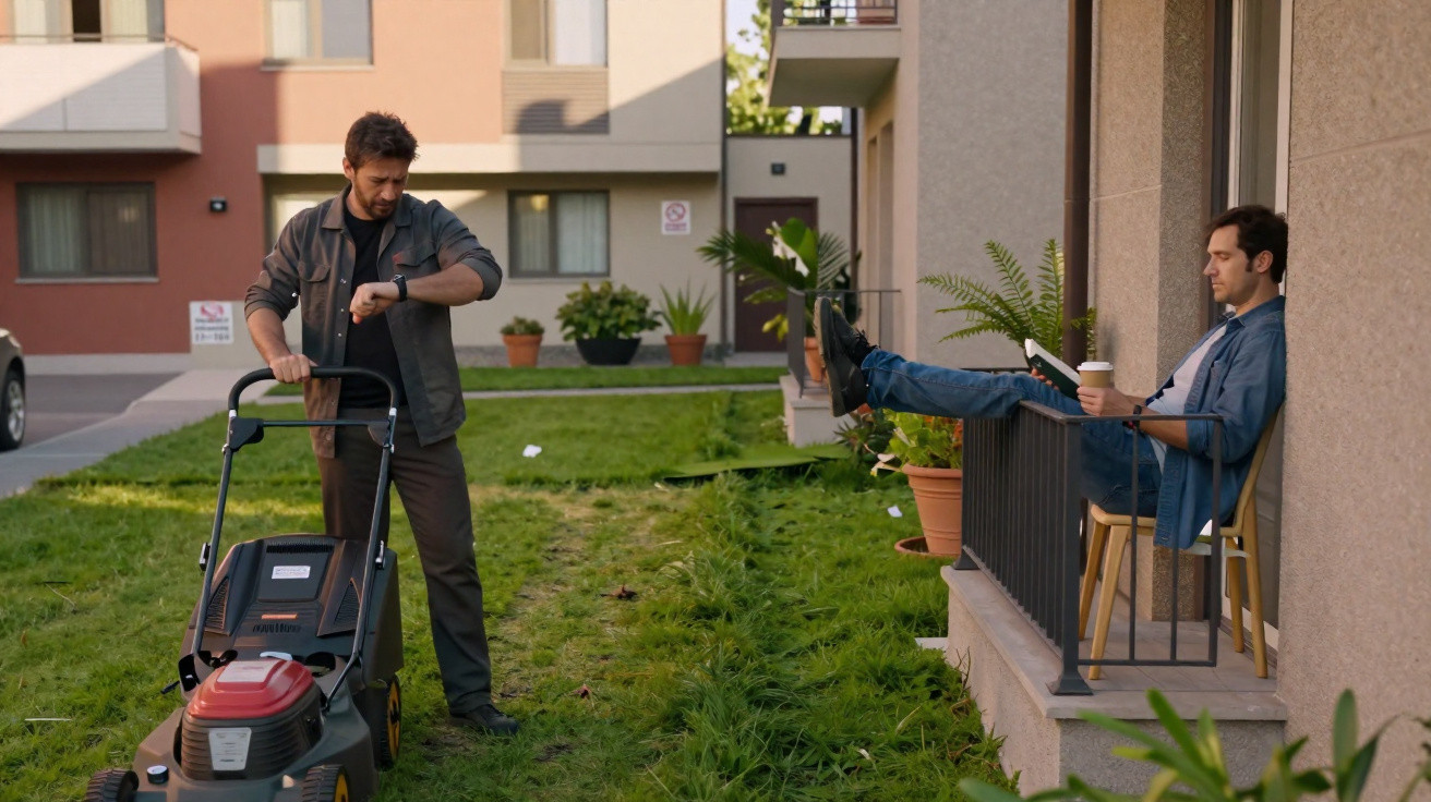 Man pushing a lawnmower while another man relaxes on a balcony with a coffee and book nearby.