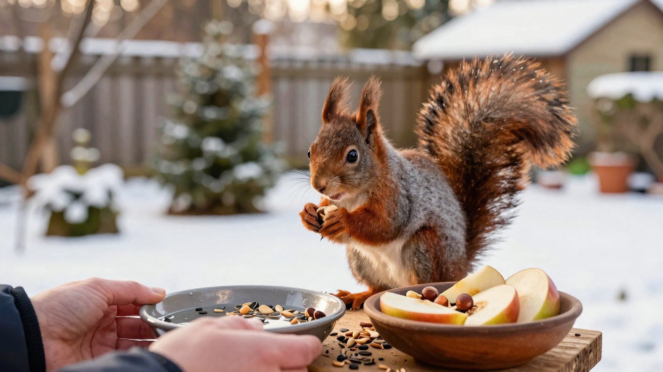 Red squirrel eating nuts with a bowl of sliced apples on a snowy garden table in winter.