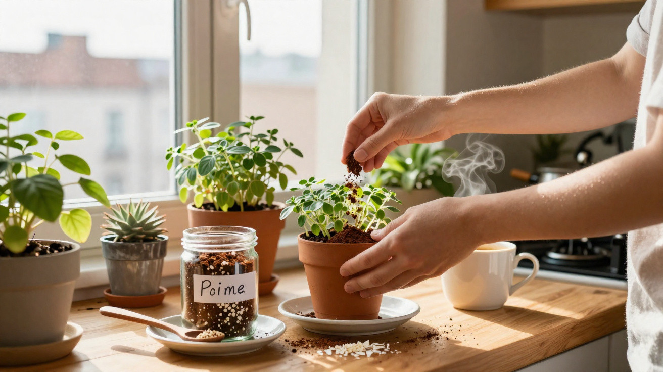 Person adding coffee grounds to a potted plant on a sunny windowsill with other plants nearby.