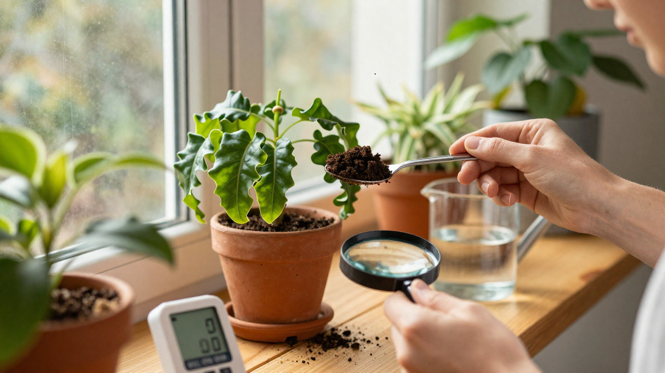 Person using a magnifying glass and spoon to inspect soil of potted indoor plant on a windowsill.