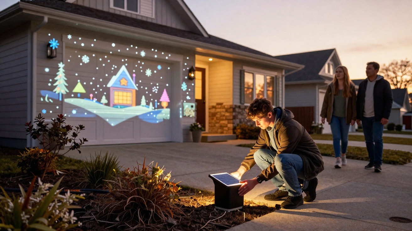 Person setting up a projector displaying a festive winter scene on a house garage door at dusk with two people walking nearby
