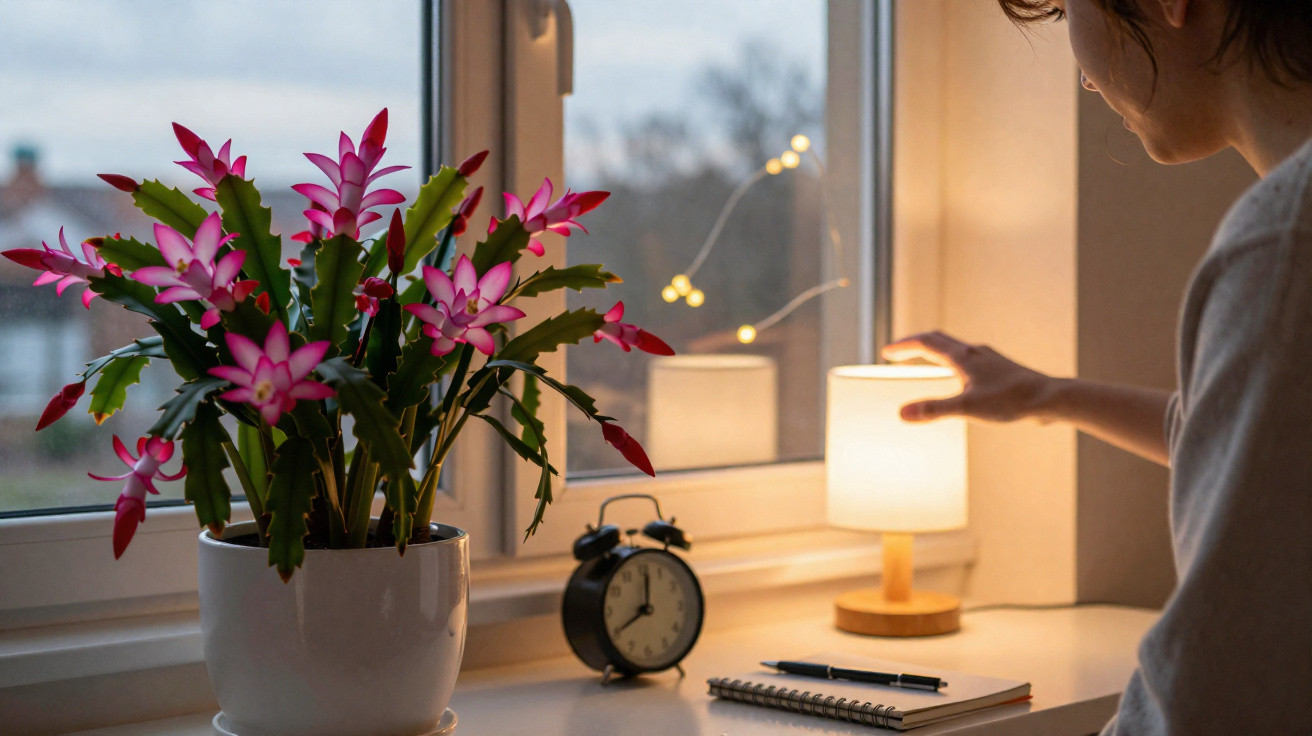 Person reaching to switch on a bedside lamp on a table with a Christmas cactus, clock, and notebook by a window.