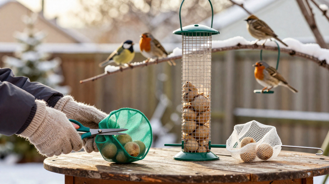 Hands in wool gloves cutting green net with fat balls near bird feeder and birds on snowy branch outdoors.